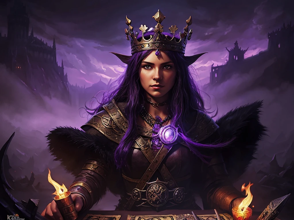 black oil crown made of knives, sickly purple fog light, magic item, antique crown, digital painting, fantasy art, dungeons and dragons, pathfinder cover art, D&D, magic the gathering, stylized, painterly