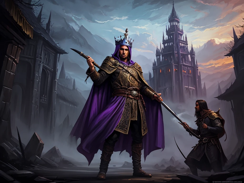 black oil crown made of knives, sickly purple fog light, magic item, antique crown, digital painting, fantasy art, dungeons and dragons, pathfinder cover art, D&D, magic the gathering, stylized, painterly