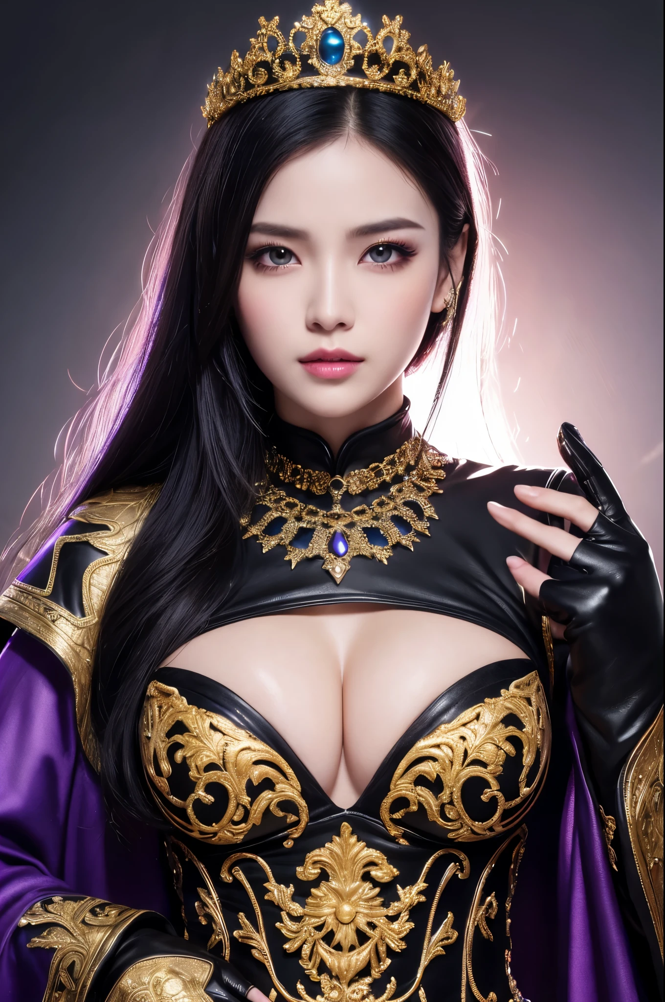 8k,Photorealistic RAW Photos Highest quality;1.4) (1 adult female) Super Beauty (A vivid face),Look at your face long blue-black hair The phantom empress with glowing purple eyes Black and silver aristocratic big breast look A black robe with a voice, Golden decoration Glare Big black and gold walking stick, Wearing black leather gloves Remains Gwaitz Style purple rouge Realistic Exact details,Beautiful expression Details of each part Ultra-high resolution 超Realistic Charm Instep Realistic Skin Fantasy Queen An inviting gaze Emphasize cleavage,Ultra-Realistic Skin,Compensate,masterpiece,Highest qualityのPhotorealisticなRAW Photos。Bright colors,Rich colors, Backlight, Cinema Lighting, Film Grain, 50mm lens, Nikon D850,Detailed character art,Fantasy art,Ultra-high resolution,Ultra-Realistic Skin,Perfect hand shape,Muscular Beauty,Dynamic fighting pose,