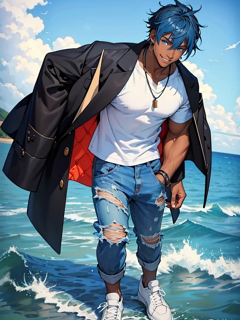 ((Best quality)), ((masterpiece)), top quality), standing alone, African-American, male, light blue eyes, white T-shirt, black ripped jeans, blue Jordan shoes, fluffy blue hair, longer bangs, earrings, blue ocean theme jacket, smiling, rings, brown skin, dark skin 