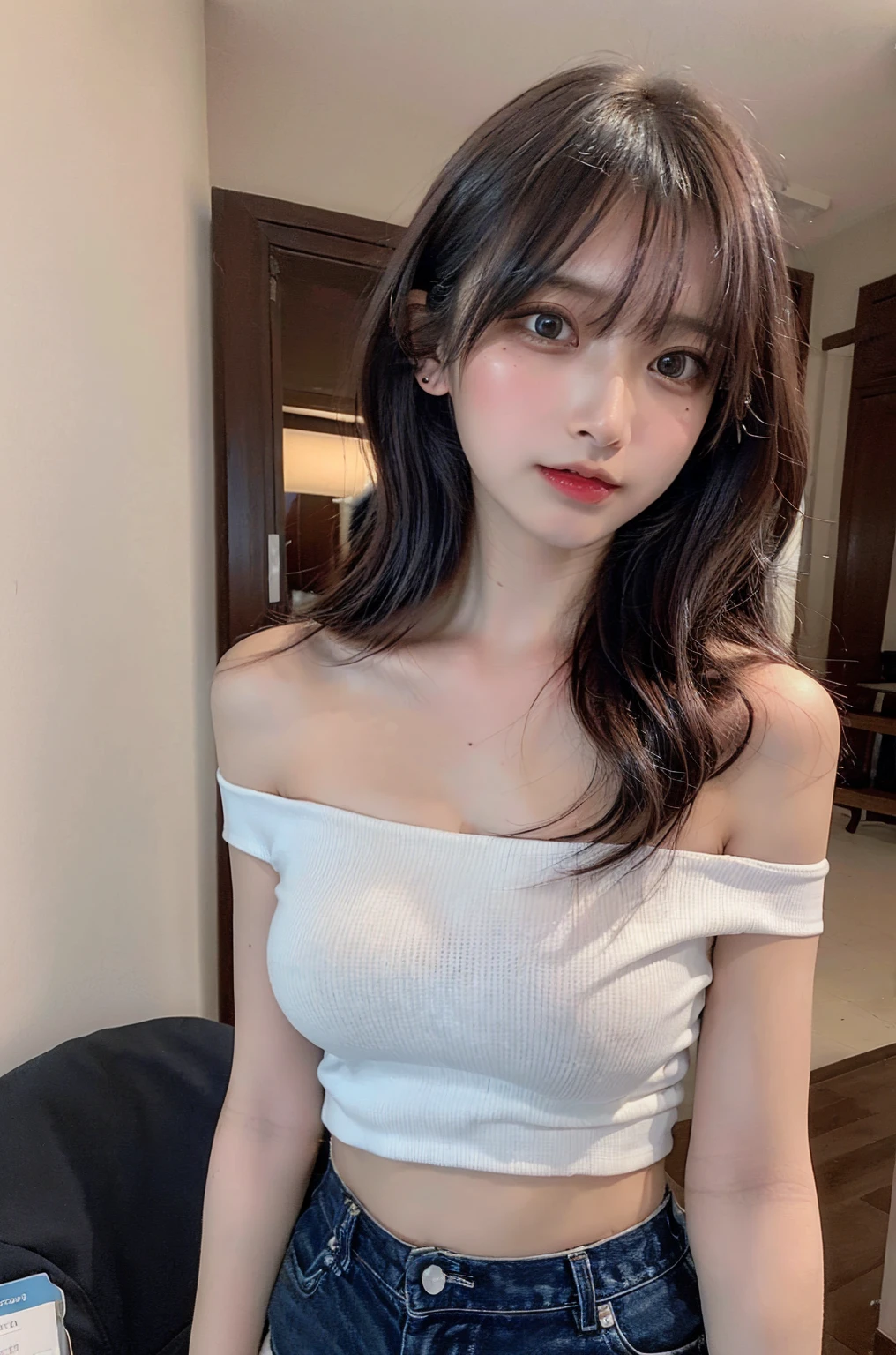 (Highest quality:1.4),(masterpiece:1.4),(Realistic:1.4),(Realistic:1.2),(超High resolution, RAW Photos:1.4),(High resolution, Very detailed:1.2),(8K:1.2),Cheki,a photo of a dark-haired,One Girl,alone,(wearing off shoulder buttoned school attire with mini shorts),Big Breasts,((Upper Body:1.3)), beautiful thighs, long wavy Hair,Low image quality、blurred