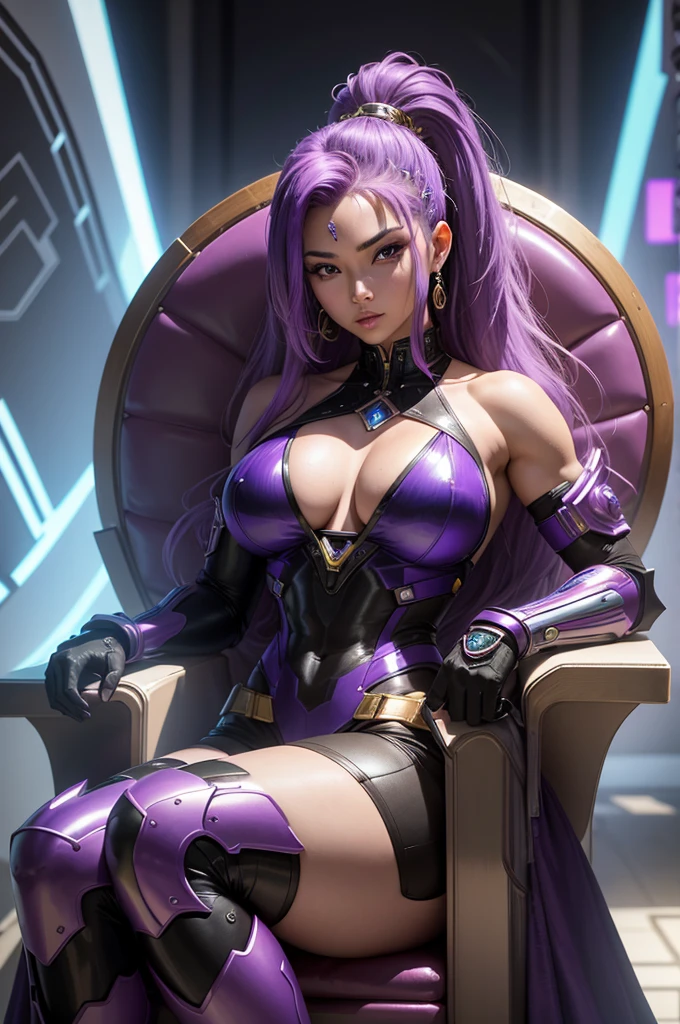 A beautiful, exuberant and very young cybernetic android warrior with black African and oriental Japanese and Chinese features, mixed with the clone of the Greek warrior goddess Athena, with super mega giant breasts, purple eyes, transformed into a super sensual and extremely muscular astronaut, fitness, fit bodybuilder and weightlifter, wearing very short, super radical punk style hair that is purple and very straight in locks, wearing cyberpunk battle clothes, in a gigantic and luxurious throne room, sentada bem a vontade e comfortable em um enorme, comfortable, luminous, resplendent, luxurious and shining crystal and diamond throne