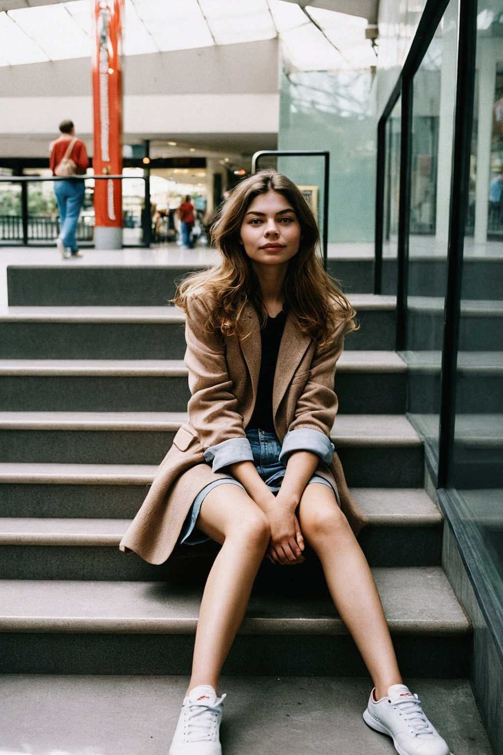 A raw and unedited photograph taken with a disposable cellphone camera, capturing a beautiful 23-year-old Russian woman with delicate features and natural skin, sitting on the stairs of a mall in a sweet and endearing pose; using the approach of street photography inspired by Henri Cartier-Bresson, the image embodies spontaneity and authenticity with a focus on her delicate hands, the natural lighting accentuates the real texture of her skin, ensuring a well-suited composition and adjusted framing that highlights her perfect proportions, evoking the candid and unrefined beauty characteristic of a casual moment.