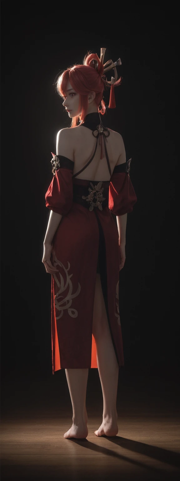 cinematic film, Realistic photograph,realistic, score_9, score_8_up, score_7_up, score_6_up,
1girl, solo, from front, full body, Kuki shinobu \(genshin impact\), black background, makeup, sidelighting, backlighting, glowing,