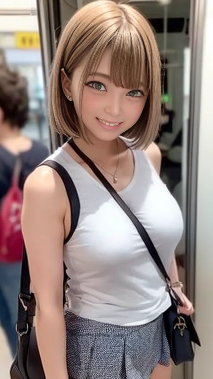 Female college student、Commuting to school、Tight mini skirt with slit、Sleeveless tank top、Inside the train、Look at your smartphone、Are standing、1 girl、Bob Hair、Silver Hair、Medium breast、Smile and stare、Highest quality、masterpiece:1.3、Raw photo、Carry your bag diagonally across your shoulder、Paisura:1.3、I can see your belly button