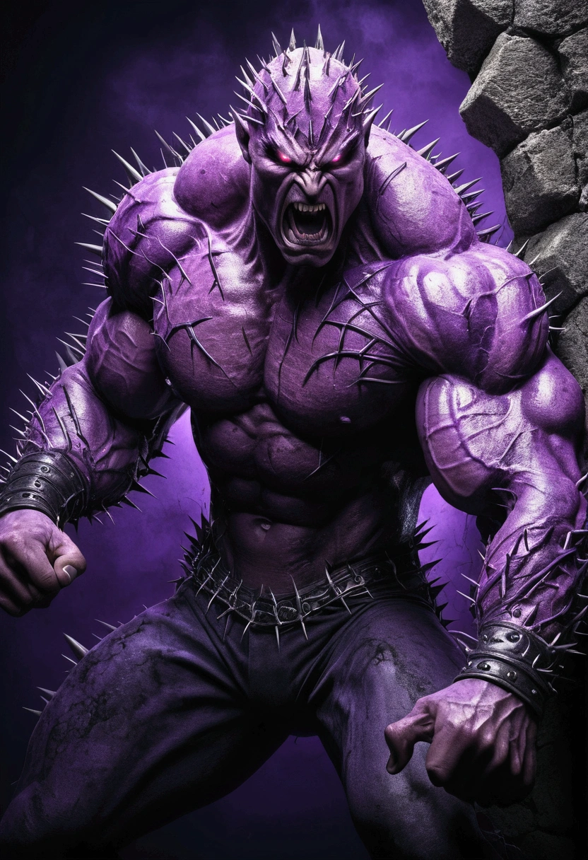 a monster, muscular, body covered in thorns, eyes with purple light and furious, destroying a wall with one punch. High resolution, sharpness, novel graphics. No defects, two arms and 2 legs.