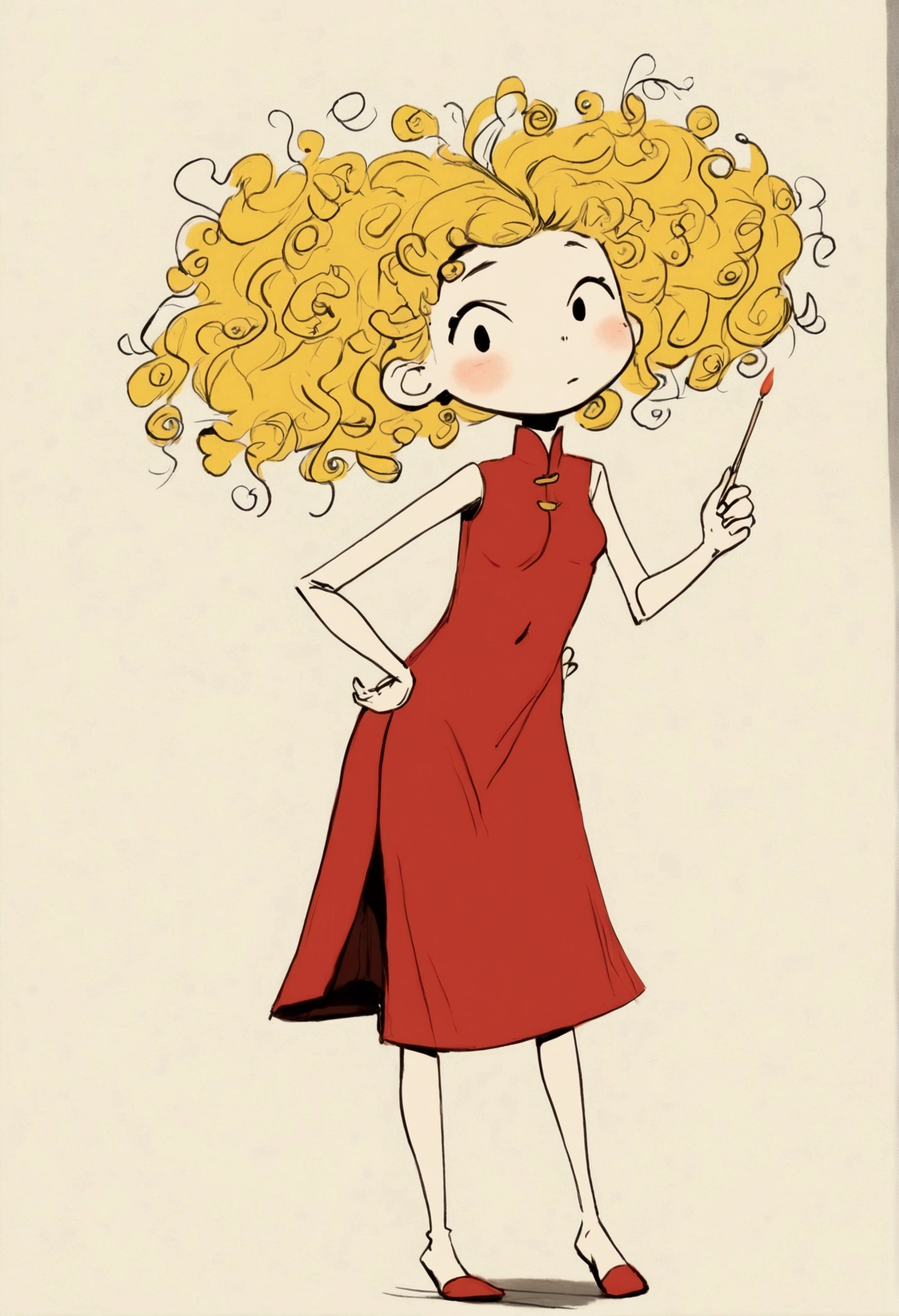 (((Exaggerated digital character sketches:1.37,Matchstick Men))).(1 Girl,cheongsam,Solitary,Fluffy curly hair,(Exaggerated expression,),(Black sketch lines,Loose brushstrokes create the outline,Cartoon Style. Bright colors and simplified lines, sketch)。(Exaggerated body movements),(Large area of blank)