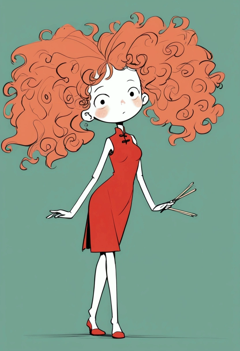 (((Exaggerated digital character sketches:1.37，Matchstick Men))).(1 Girl，cheongsam，Solitary，Fluffy curly hair，(Exaggerated expression,)，(Black sketch lines，Loose brushstrokes create the outline，Cartoon Style. Bright colors and simplified lines, sketch)。(Exaggerated body movements),(Large area of blank）
