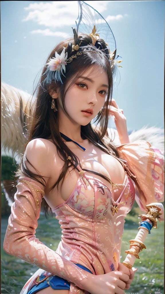 a close up of a woman with a sword in a field, concept art inspired by Li Mei-shu, Artstation, conceptual art, irelia, ahri, portrait of ahri, yun ling, xianxia hero, style artgerm, irelia from league of legends, unknown, ! dream artgerm, heise jinyao