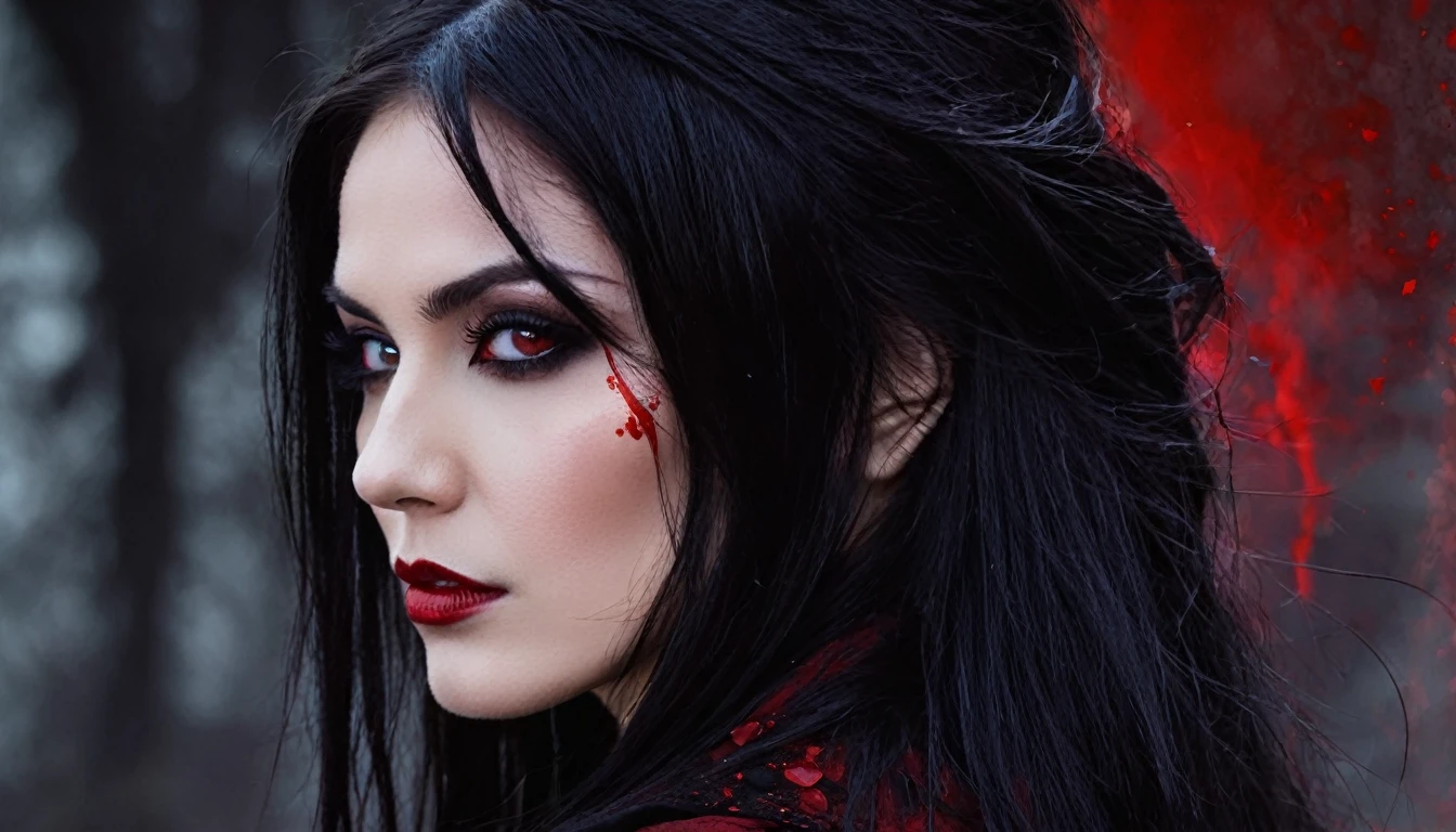 Woman, caucasiana, Eyes red, Bblack hair, blood witch, profile image, clothing detailed with blood, background with blood around.