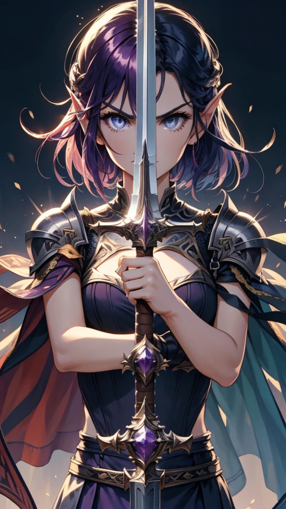 (1girl, purple hair, short hair, spiral eyes, angry, clenched teeth) (digital) (looking at viewer) (upper body) (standing), (Dark Purple Sparkling Forest background), (short skirt)) , best quality, pointy ears, colored skin, blue skin, glowing, cleavage, armor, Purple armor, gold trim, navel, voidelf, SplitScreen, split screen, Holding sword, swordup, long sword, holding sword on hand