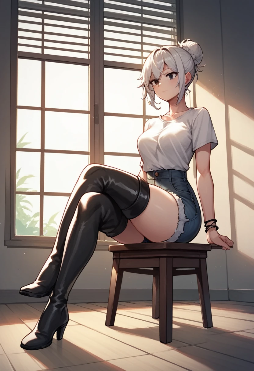 score_9, score_8_up, score_7_up, score_6_up, score_5_up, score_4_up, source_anime, 1woman, sit, white hair, hair bun, black eyes, crossed legs, messy hair, white shirt, jeans shorts, leather bracelet, thigh high boots, evening, windows, floor, pictures, rooms, best quality, best res, 4K UHD,
 