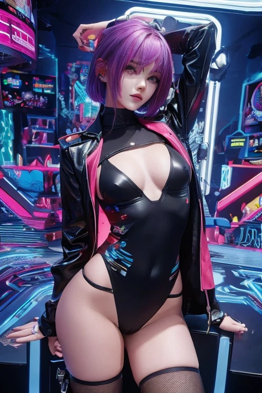 (Very detailed CG Unity 8k wallpaper), (Very detailed), masterpiece, Highest quality, Lucy (cyber punk),20 year old girl,((Slender body:1.5)),((small :1.5),alone,(pole dancing),dancer,((pole dancer)),Dancing on stage,Dancing on the stage,stripper,A dancer whose body is entangled with a pole in pole dancing,Bodysuits, Small breasts punk city, Multicolored Hair, short hair, View your viewers, Medium chest, black Bodysuits, Grey Eyes, Hip vents, ((Spread your legs wide)),Clothing cutouts, Thigh Gap, Covered navel, White jacket, Exposing shoulders, Short shorts, sofa,(pole dancing),pole dancer,Casino scene in Las Vegas in the background