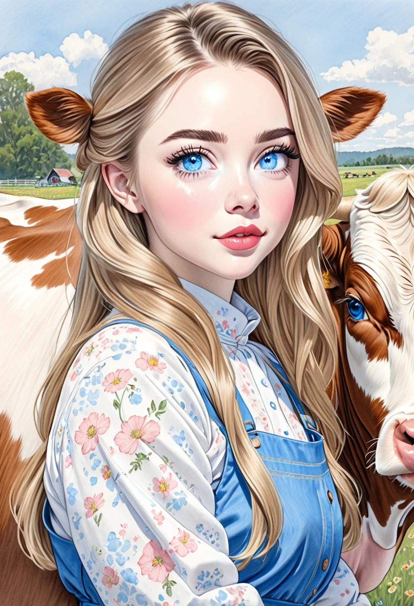 A colored pencil sketch of a beautiful swedish farm wife. crystal blue eyes. rosy complexion. full lips. Sabrina Carpenter. Sudectively milking a cow.