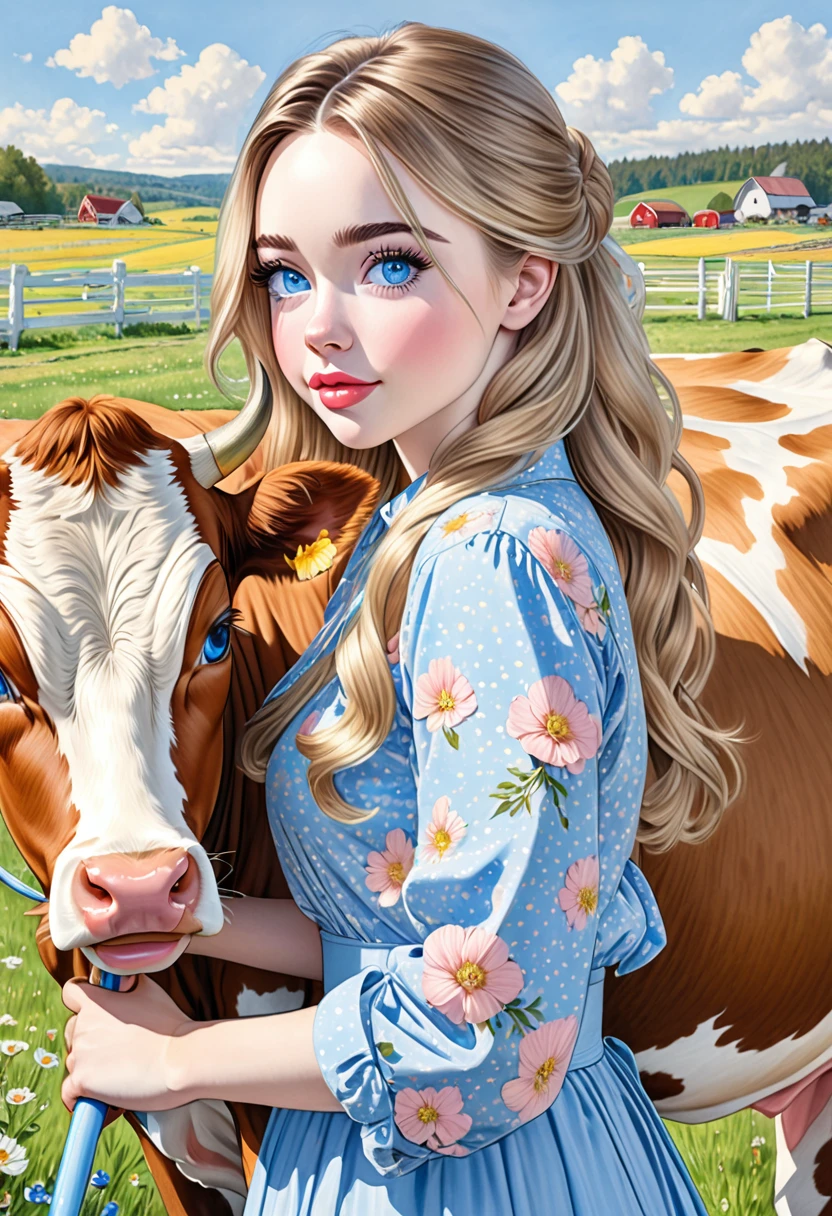 A colored pencil sketch of a beautiful swedish farm wife. crystal blue eyes. rosy complexion. full lips. Sabrina Carpenter. Sudectively milking a cow.