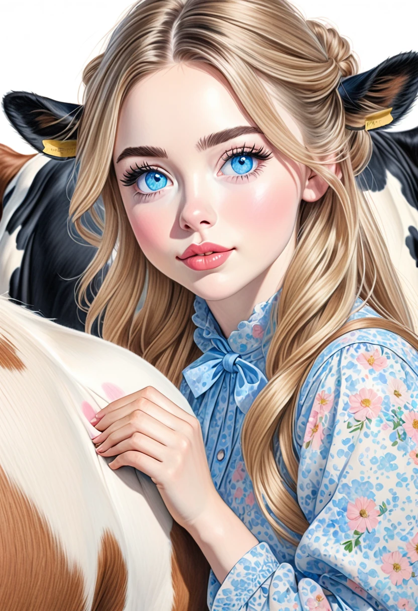 A colored pencil sketch of a beautiful swedish farm wife. crystal blue eyes. rosy complexion. full lips. Sabrina Carpenter. Sudectively milking a cow.