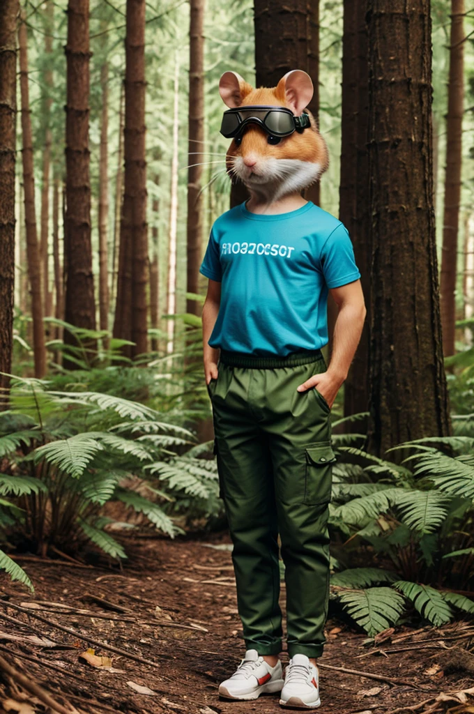 A 3D hamster wearing shirt and pant and goggles standing in forest