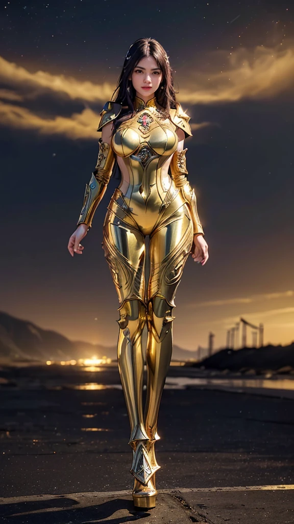 ((best quality)), ((masterpiece)), (ultra detailed lights), ((full body:1.3)), ((skinny body)), 1girl, extremely beautiful, ((slim body)), thighs gap, ultra face details, 20 years old, ((pink curvy-hair)), ((hair blown by strong winds :1.3)), Award-winning photograph, ((symmetrical pose)), ((full body golden armor)), posing in the middle, intricate details, ((thight golden armour)), ((extremely details armor)), ((tight latex pants)), ((full thighs golden armor)), ((24k-gold armor)), ((edge luminous armor)), cameltoe, luminescent, epic lights reflections, at beach, full of stars, orange clouds, nebula sky, aurora borealis, shooting stars, ((from below))