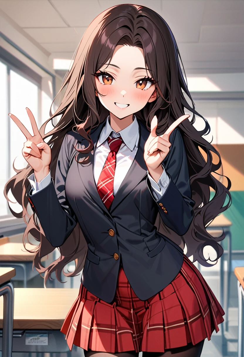 (masterpiece, best quality:1.3), A young woman, 19-years-old, average height, slender figure, solo, Korean, (long black wavy hair that's parted in the middle, no bangs:1.2), brown eyes, (black blazer, white shirt, red plaid necktie, red pleated skirt, black pantyhose:1.1), playful smile, cheerful, mature face, classroom, holding up a v-sign, upper body