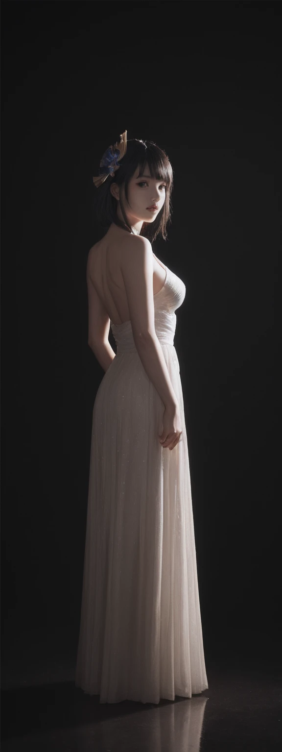 cinematic film, Realistic photograph,realistic, score_9, score_8_up, score_7_up, score_6_up,
1girl, solo, from front, full body, Raiden Shogun \(genshin impact\), black background, makeup, sidelighting, backlighting, glowing,