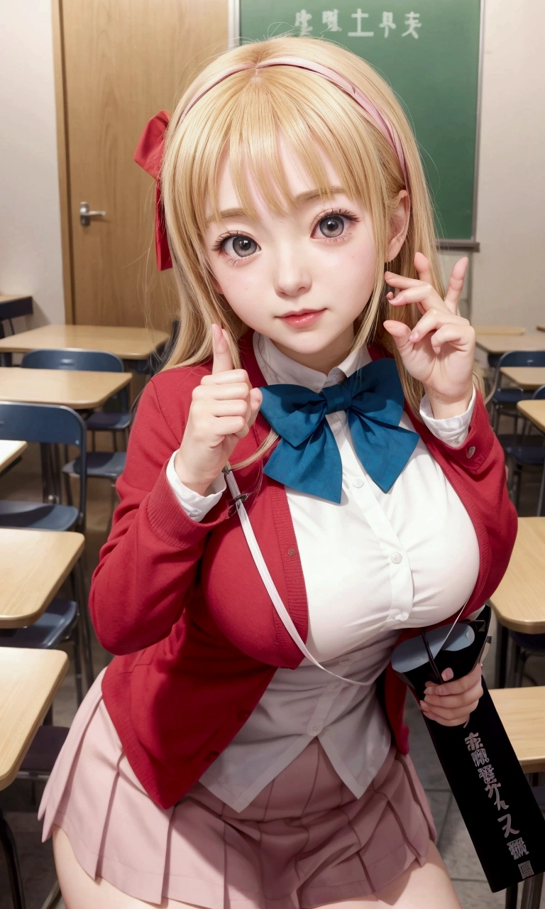 anime girl in a posing for a picture, anime visual of a cute girl, beautiful anime high school girl, shirobako, anime cover, with index finger, hanayamata, a hyperrealistic , light novel cover art, anime best girl, kinmoza!, ecchi style, ecchi, official artwork, ecchi anime style, cleavage