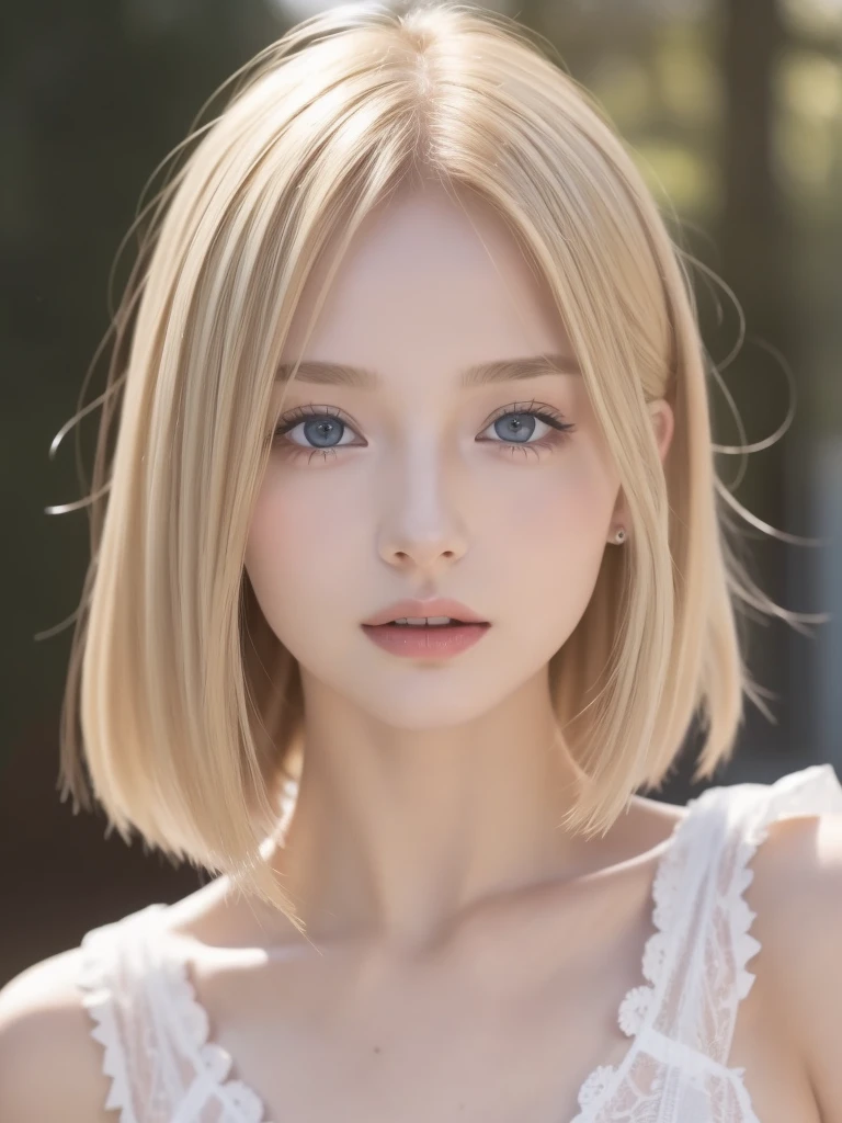 A woman with long blonde hair and blue eyes is taking a photo, Gorgeous young model, Portrait of Sophie Mudd, Beautiful female model, Cute young woman, とてもBeautiful young woman, Beautiful model portrait, Beautiful girl, Beautiful young woman, Beautiful Woman Photos, Perfect Face, 17-year-old female model, Beautiful young々Funny face, Beautiful blonde girl、Short Bob、Her pink nipples are visible.、Young Face、Full nudity、I can see、Hairless female genitalia、shortcut、short hair