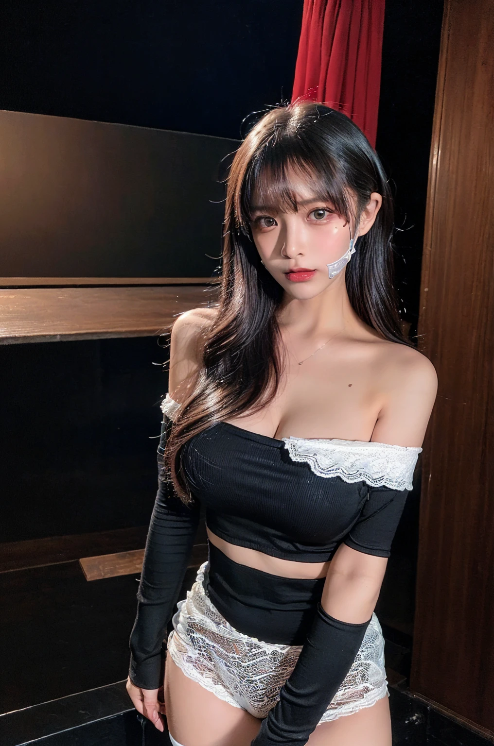 (Best quality, masterpiece, ultra high res, (Cinematic Aesthetic:1.4) Photo of a beautiful korean fashion model (realistic, high resolution:1.3), girl wearing black mouth mask, high heels, see through outfit, lingerie black, lace gauntlet, black stocking, girl with perfect figure, super fine face and eyes, long hair, big breasts, exposed cleavage quality:1.4),(masterpiece:1.4),(Realistic:1.4),(Realistic:1.2),(超High resolution, RAW Photos:1.4),(High resolution, Very detailed:1.2),(8K:1.2),Cheki,a photo of a dark-haired,One Girl,alone,(wearing off shoulder buttoned school attire with mini shorts),Big Breasts,((Upper Body:1.3)), beautiful thighs, long wavy Hair,Low image quality、blurred