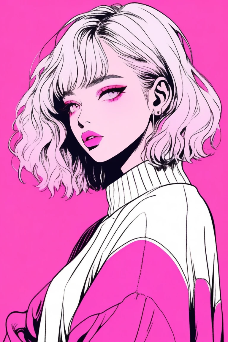 (best quality, sketch:1.2),realistic,illustrator,anime,1 girl, detailed lips,sweater,custom,pink gradient background,neon hair,textured cropping, masterpiece, style retro classic, noir dark 