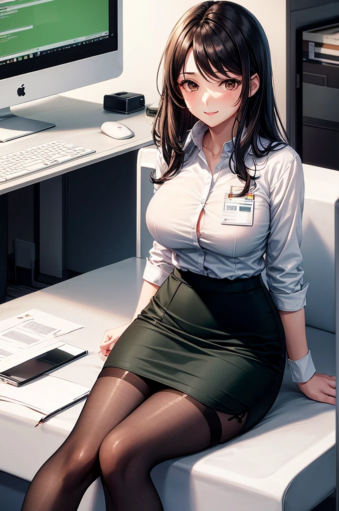 (Modern office indoors), 1. Female ((Independent)), (Brown eyes), (Medium Black Hair), Bans, (Green office casual pencil skirt), (lingerie), (White shirt), (ID card), A gentle blushing smile, (Masterpiece Top quality:1.2), Delicate illustrations, High resolution, Super detailed, Large breasts, (Black Stockings), (Sitting)
