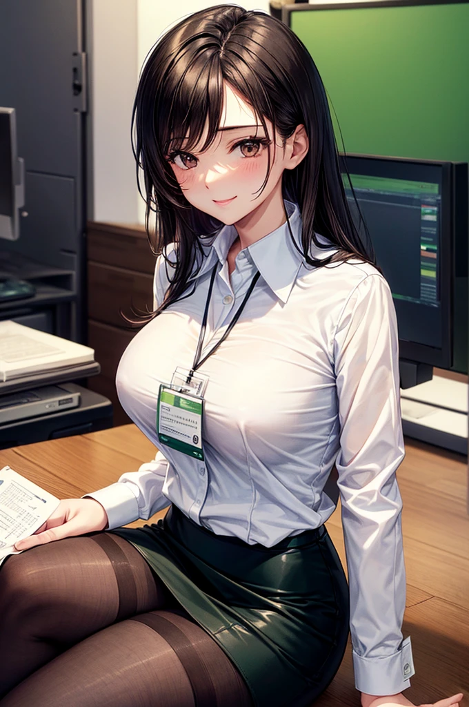 (Modern office indoors), 1. Female ((Independent)), (Brown eyes), (Medium Black Hair), Bans, (Green office casual pencil skirt), (lingerie), (White shirt), (ID card), A gentle blushing smile, (Masterpiece Top quality:1.2), Delicate illustrations, High resolution, Super detailed, Large breasts, (Black Stockings), (Sitting)