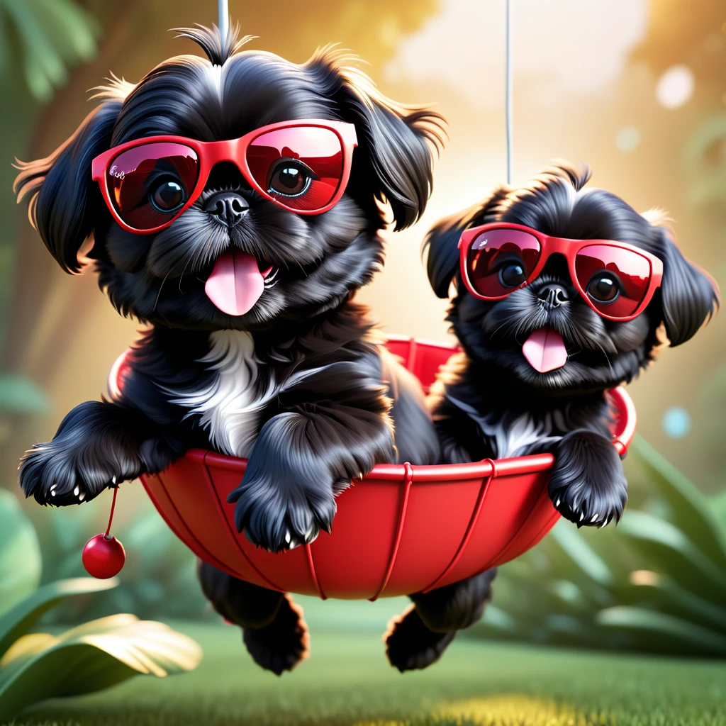 2 adorable small black shih tzu puppies, parachuting with red sunglasses, 3d cartoon, disney pixar style, cinematic lighting, photorealistic, 8k, highly detailed, soft focus, dynamic composition, vibrant colors, whimsical, charming, cute, playful