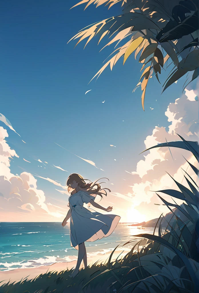 Her hair and dress gently sway
in the wind, and the grass and
plants around her move softly
with the breeze. The scene
captures the serene and
calming effect of the coastal

wind, with the ocean and sky in
the background. The animation
style is smooth and natural,
reflecting a peaceful and
tranquil atmosphere,