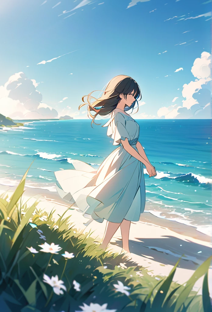 Her hair and dress gently sway
in the wind, and the grass and
plants around her move softly
with the breeze. The scene
captures the serene and
calming effect of the coastal
wind, with the ocean and sky in
the background. The animation
style is smooth and natural,
reflecting a peaceful and
tranquil atmosphere,