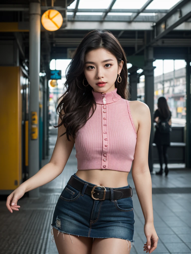 (Ultra-detailed eyes), (((textile shading))), (((Best Quality))), (((masterpiece))), (((Ultra realistic))), fat, sassy girl, street girl, black long straight hair, Emo Pin up Girl, pink bow top, mini skirt, ribbed hand warmers, chocker, studded checker belt, bat earrings y2k edition, black and pink outfit colors, Striking a pose, natural make up, skinny fat innocent, in a haunted rail station, heavenly, midshot, centered image, good girl, innocent girl, front look