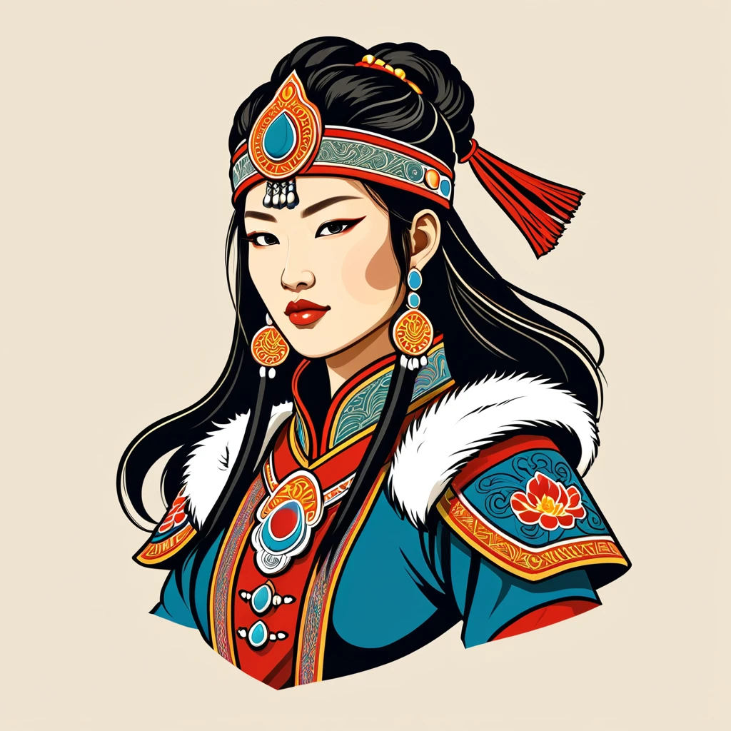 female warlord in mongolian folk outfit, vector graphics, strong contours, logo design