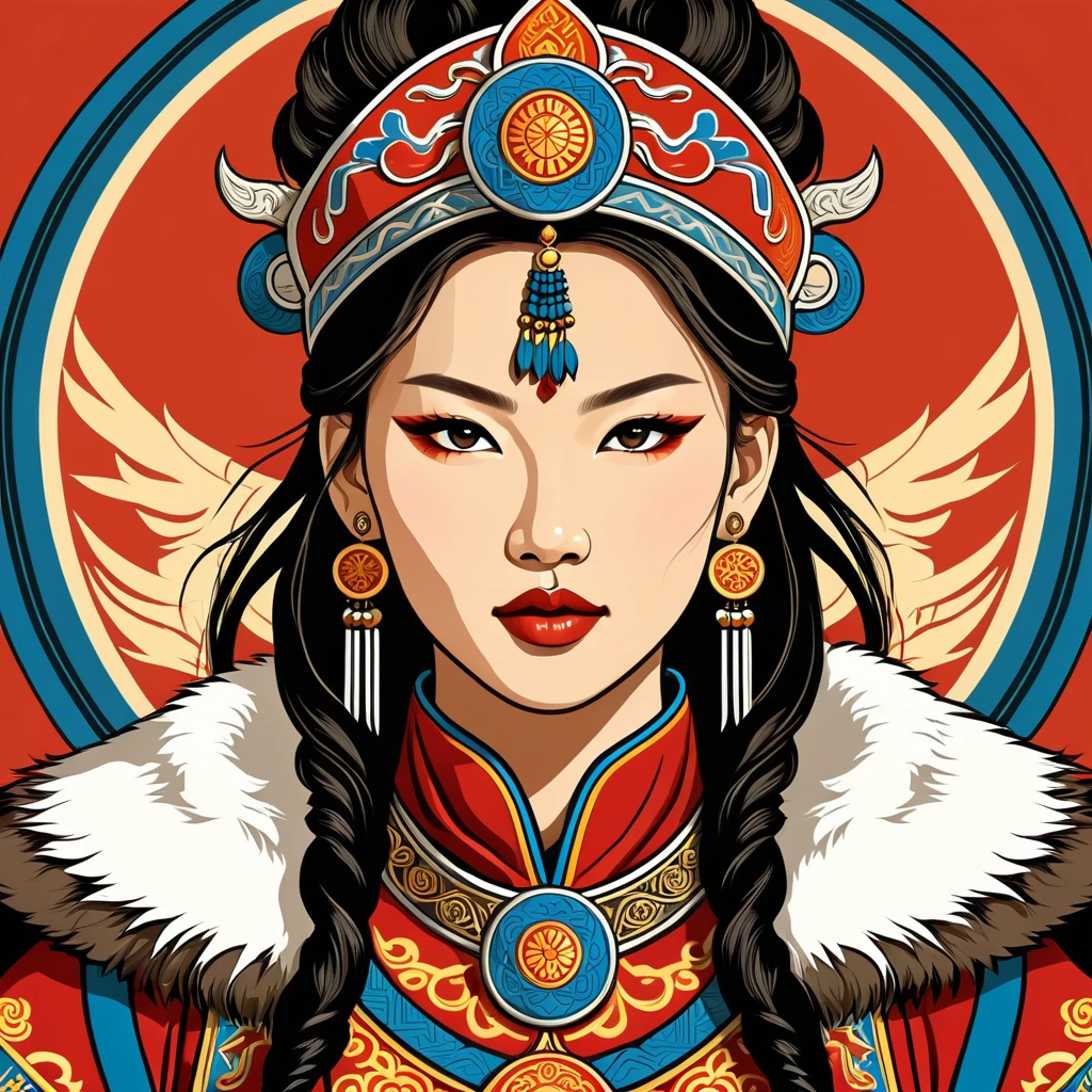 female warlord in mongolian folk outfit, vector graphics, strong contours, logo design
