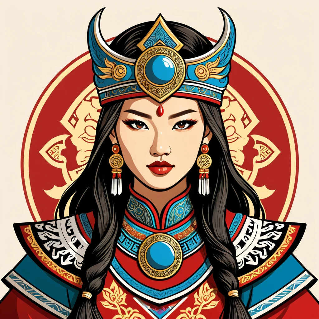 female warlord in mongolian folk outfit, vector graphics, strong contours, logo design
