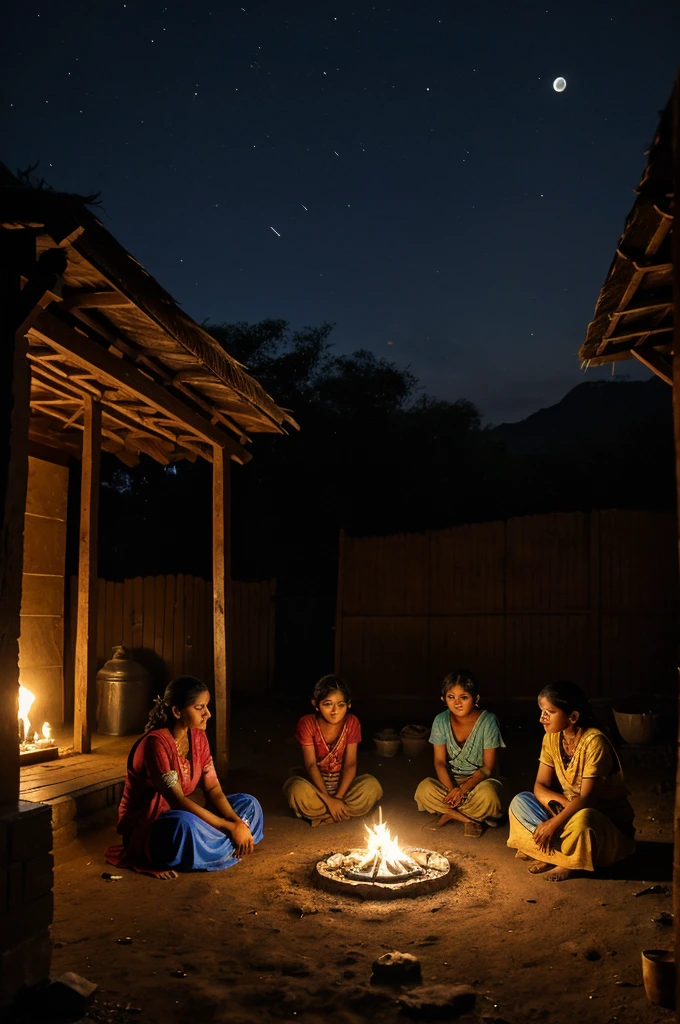 The scene is set in an Indian village. A small mud house stands in the darkness, with no light inside. All the family members are sitting in the open courtyard under the night sky, where the soft moonlight falls on them. It's a moonlit night, and everyone is crying together. The sadness and pain are clearly visible on their faces. The surroundings are completely silent, with only the sound of their sobs and occasionally a distant, sorrowful sigh breaking the stillness.