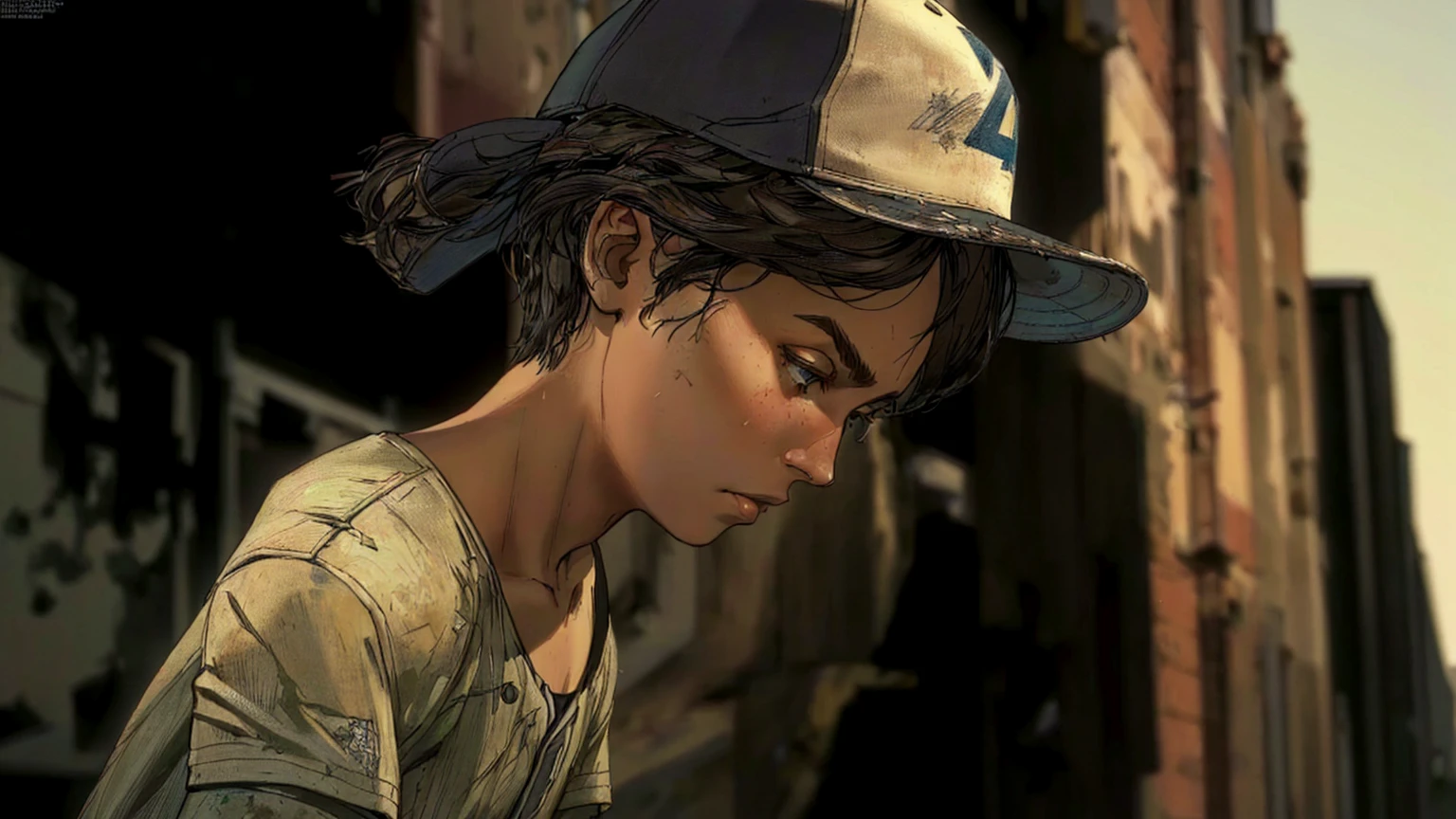 arafed young man in a baseball cap looking down at his cell phone, telltale games style, video game cutscene, telltale style, hd screenshot, super realistic”, ultra realistic ”, ultra realistic”, hd remaster, character close up, uhd character details, wears a destroyed hat, in the walking dead, an ultra realistic, hq artwork, next gen