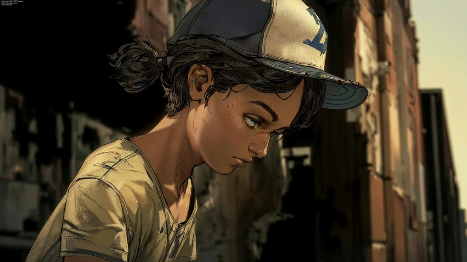 arafed young man in a baseball cap looking down at his cell phone, telltale games style, video game cutscene, telltale style, hd screenshot, super realistic”, ultra realistic ”, ultra realistic”, hd remaster, character close up, uhd character details, wears a destroyed hat, in the walking dead, an ultra realistic, hq artwork, next gen