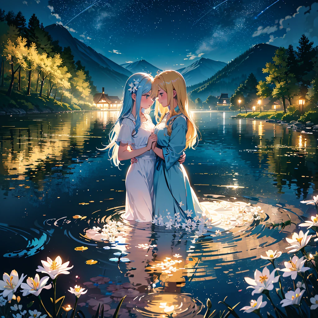 (masterpiece,8k wallpaper, best quality),(best illumination, best shadow, an extremely delicate and beautiful),
A detailed anime-style illustration of two girls with long blonde hair,one in blue and the other red,dancing joyfully under a beautiful night sky. The scene is set in the style of a tranquil lake reflecting stars and moonlight. A large white circle surrounds them,symbolizing their unity amidst nature's beauty. White lily flowers blooming around them add to the serene atmosphere.these two girls are lovers,with delicate shading adding depth to each girl’s expression,
2girls,yuri,face-to-face,red eyes,blue eyes,blonde hair, open mouth, smile,
