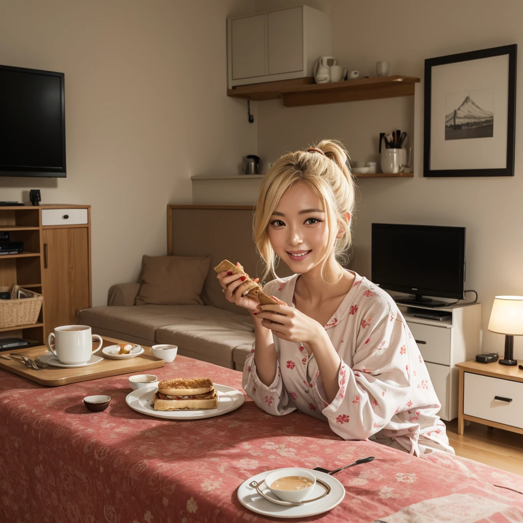 in an apartment room, a table covered with a tablecloth, with a traditional breakfast, For two people, with a Japanese newspaper on a side table, in an apartment with oriental decor, on the sofa a woman, blonde , age 25, german, wearing a pijama, holding a pepperoni sandwich in his hand, in the other a cup of coffee, smiling watching TV a Japanese news program from Tokyo