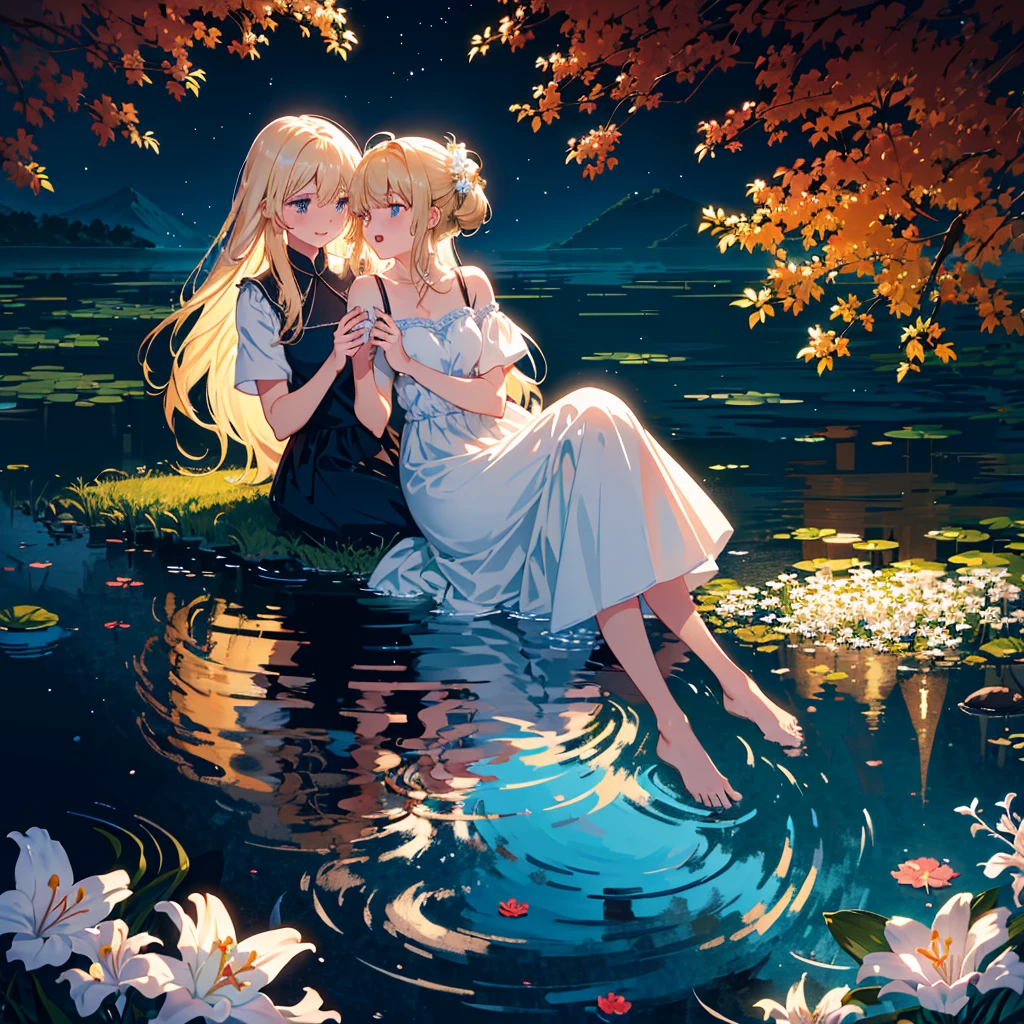 (masterpiece,8k wallpaper, best quality),(best illumination, best shadow, an extremely delicate and beautiful),
A detailed anime-style illustration of two girls with long blonde hair,one in blue and the other red,dancing joyfully under a beautiful night sky. The scene is set in the style of a tranquil lake reflecting stars and moonlight. A large white circle surrounds them,symbolizing their unity amidst nature's beauty. White lily flowers blooming around them add to the serene atmosphere.these two girls are lovers,with delicate shading adding depth to each girl’s expression,
2girls,yuri,face-to-face,red eyes,blue eyes,blonde hair, open mouth, smile,
