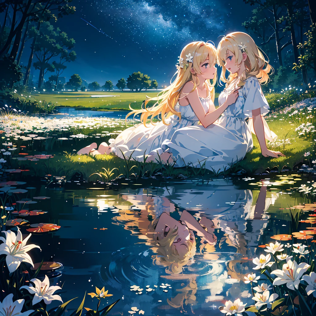 (masterpiece,8k wallpaper, best quality),(best illumination, best shadow, an extremely delicate and beautiful),
A detailed anime-style illustration of two girls with long blonde hair,one in blue and the other red,dancing joyfully under a beautiful night sky. The scene is set in the style of a tranquil lake reflecting stars and moonlight. A large white circle surrounds them,symbolizing their unity amidst nature's beauty. White lily flowers blooming around them add to the serene atmosphere.these two girls are lovers,with delicate shading adding depth to each girl’s expression,
2girls,yuri,face-to-face,red eyes,blue eyes,blonde hair, open mouth, smile,