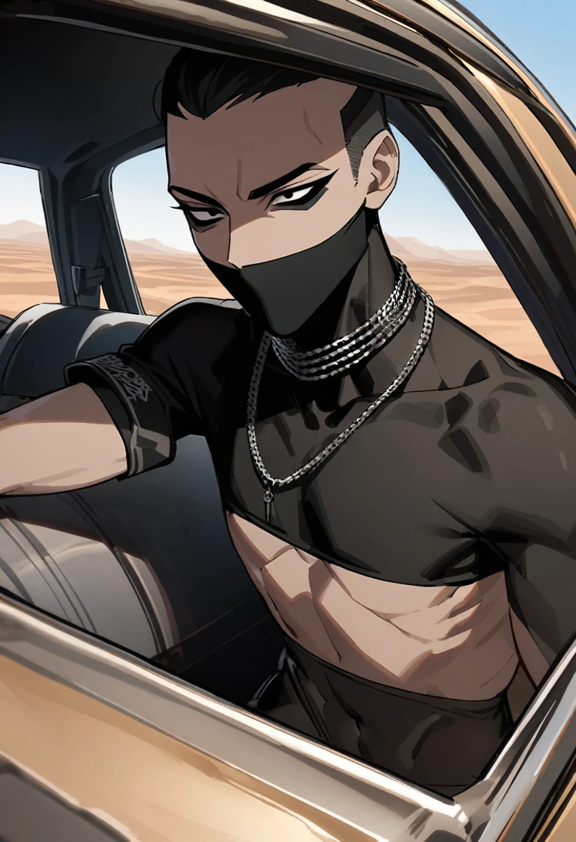 Male arab modern terrorist, terrorist, black balaclava, black armband, black clothes, thin waist, skinny body, a femboy, bright skin, draw up, black eyeliner, big eyelashes, black eye shadow, metal necklace,  fair tanned skin, Inside the car, desert, Black jacket