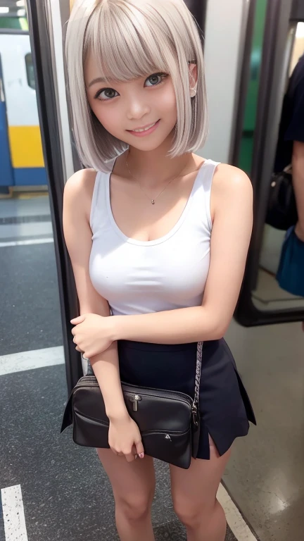 Female college student、Commuting to school、Tight mini skirt with slit、Sleeveless tank top、Inside the train、Look at your smartphone、Are standing、1 girl、Bob Hair、Silver Hair、Medium breast、Smile and stare、Highest quality、masterpiece:1.3、Raw photo、Carry your bag diagonally across your shoulder、Paisura:1.3、I can see your belly button