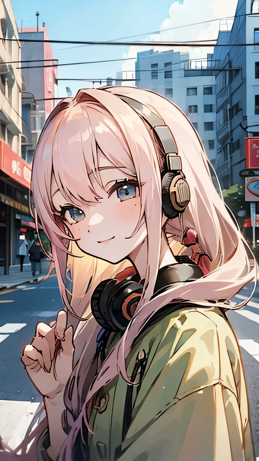 anime, girl, illustration, model, potraits ,headphone, background city on the road, smile, exist