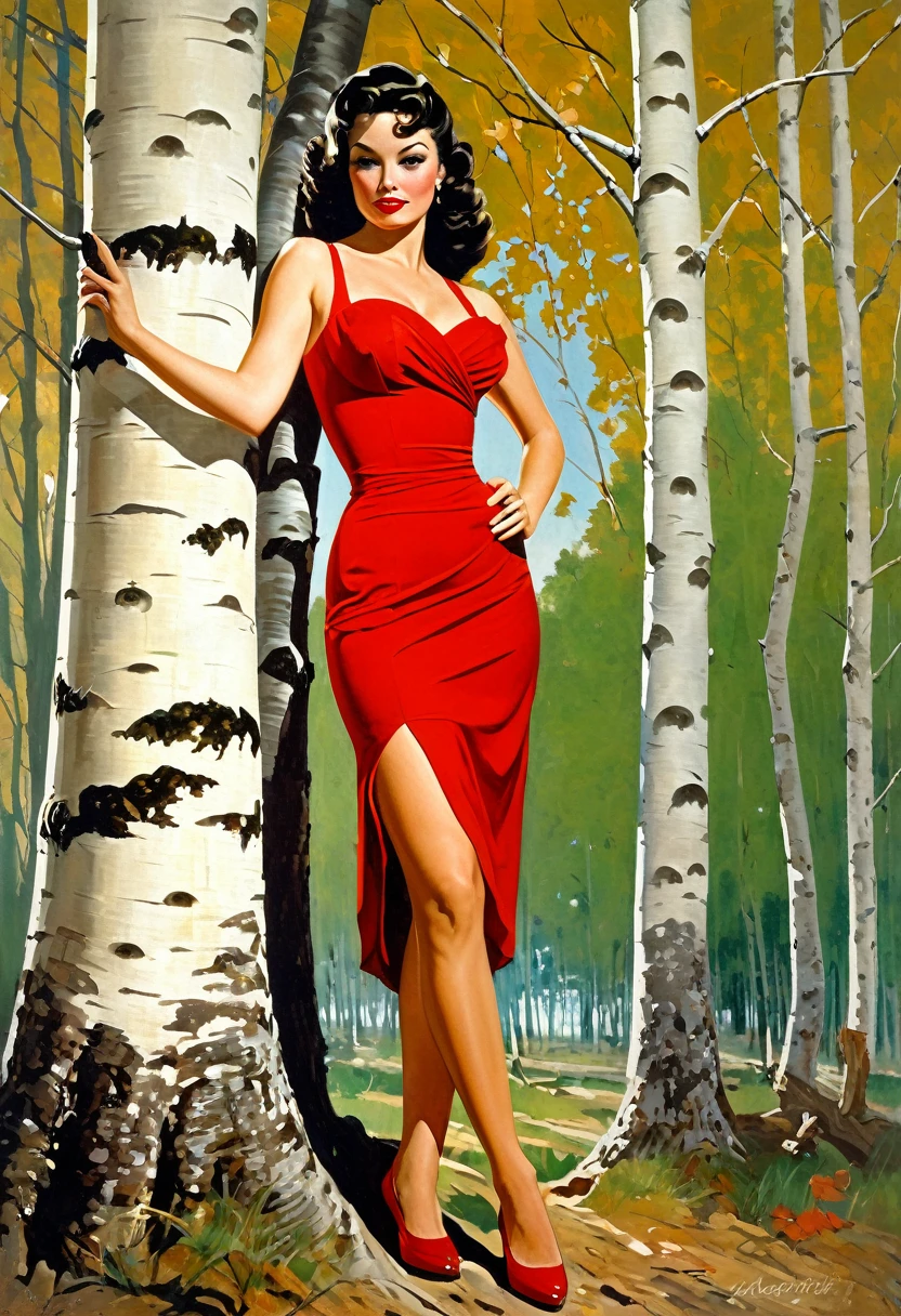 Painting of a woman in a red dress leaning against a birch tree inspired by Robert McGinnis, Robert McGinnis, Geoffrey Catherine Jones posing, Frank Franzetta, Geoffrey Catherine Jones, inspired by Geoffrey Catherine Jones, Frank Franzetta, Glenn Fabry, Saturno Butto, Tom Lovell, 5 0 s pulp illustration inspired by Glenn Fabry
