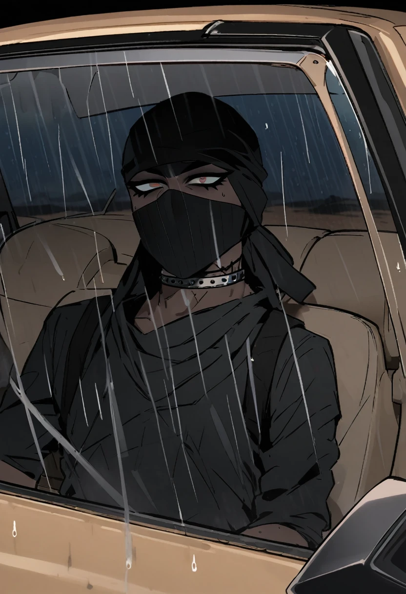Male arab modern terrorist, terrorist, black balaclava, black bandage, black clothes, thin waist, skinny body, femboy, light skin, makeup, black eyeliner, big eyelashes, black eyeshadow, metal choker, light tanned skin, inside the car, desert, night, rain