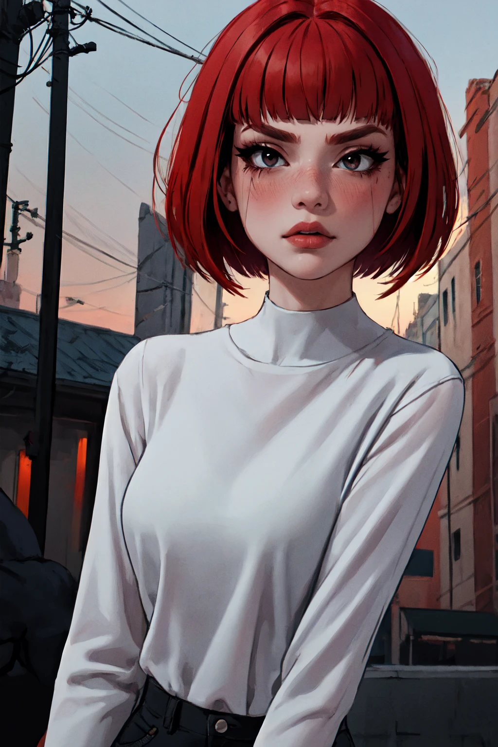 1woman, 35 years old, solo, skinny, red hair, black eyes, eyeliner, looking at viewer, lips, red bob cut, blunt bangs, blush, standing, upper body, face focus, outdoors, horror \(theme\), night, large breats,
